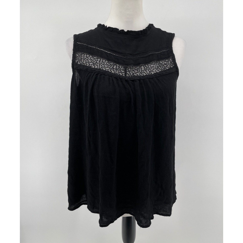 Sleeveless Lace Yoke Top Womens Medium Black Ruffle Neck Dark Cottagecore Boho